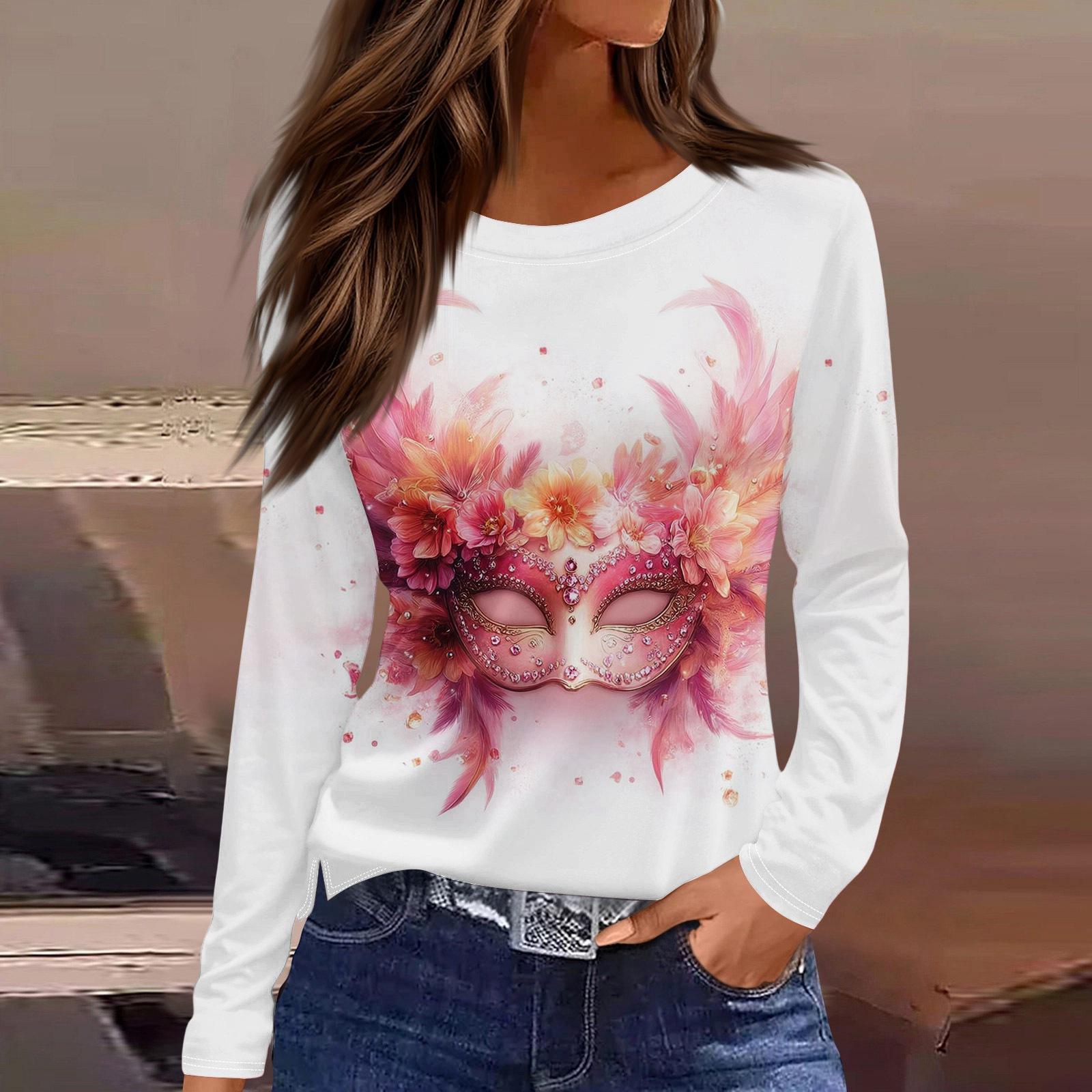 

Women s Fashionable Carnival Print Round Neck Long Sleeve Top With Slit Hem XL белый