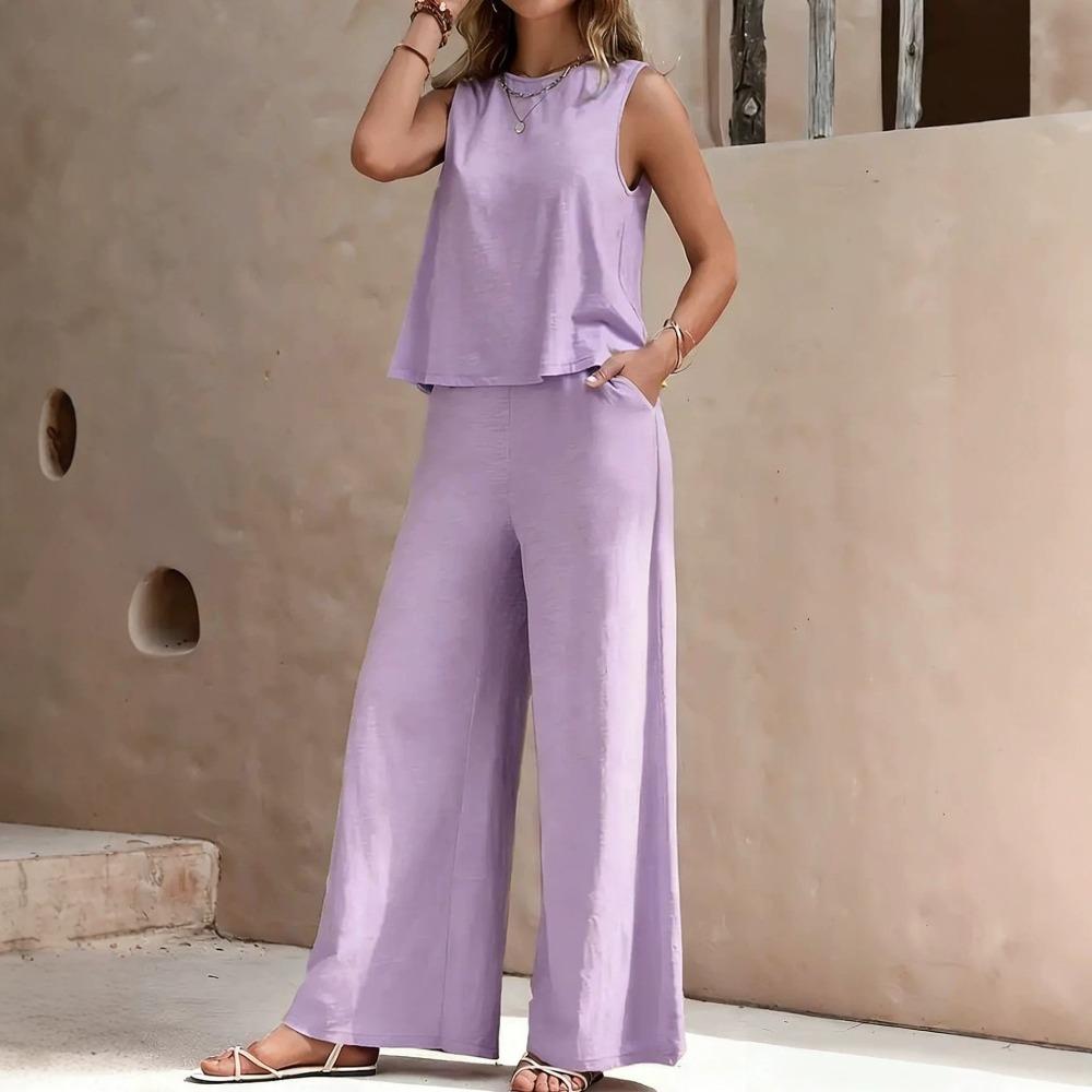 2026 Women's Solid Color Two-Piece Round-neck Blouse and Wide-leg Pants Set