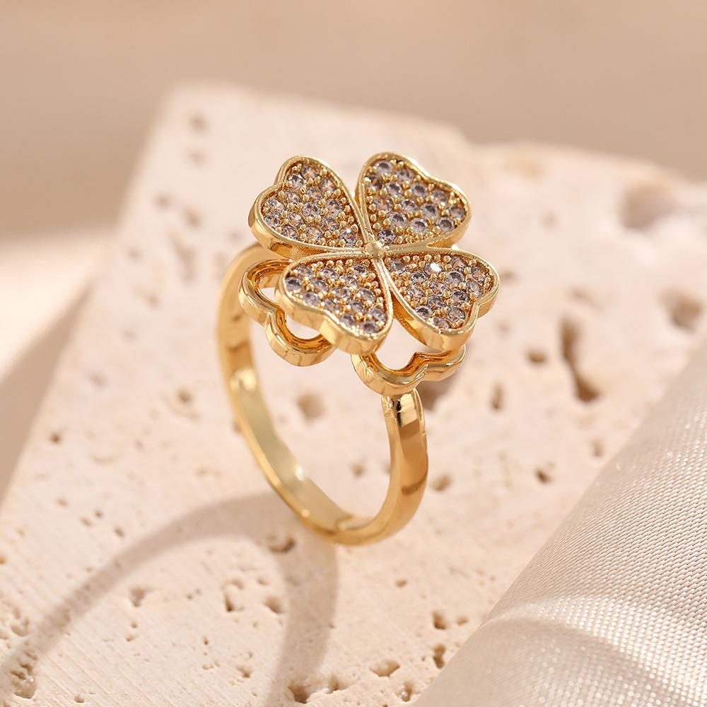 Exquisite Shining Full of Zircon Four-leaf Flower Rotatable Stainless Steel Adjustable Opening Rings for Women Designer Jewelry