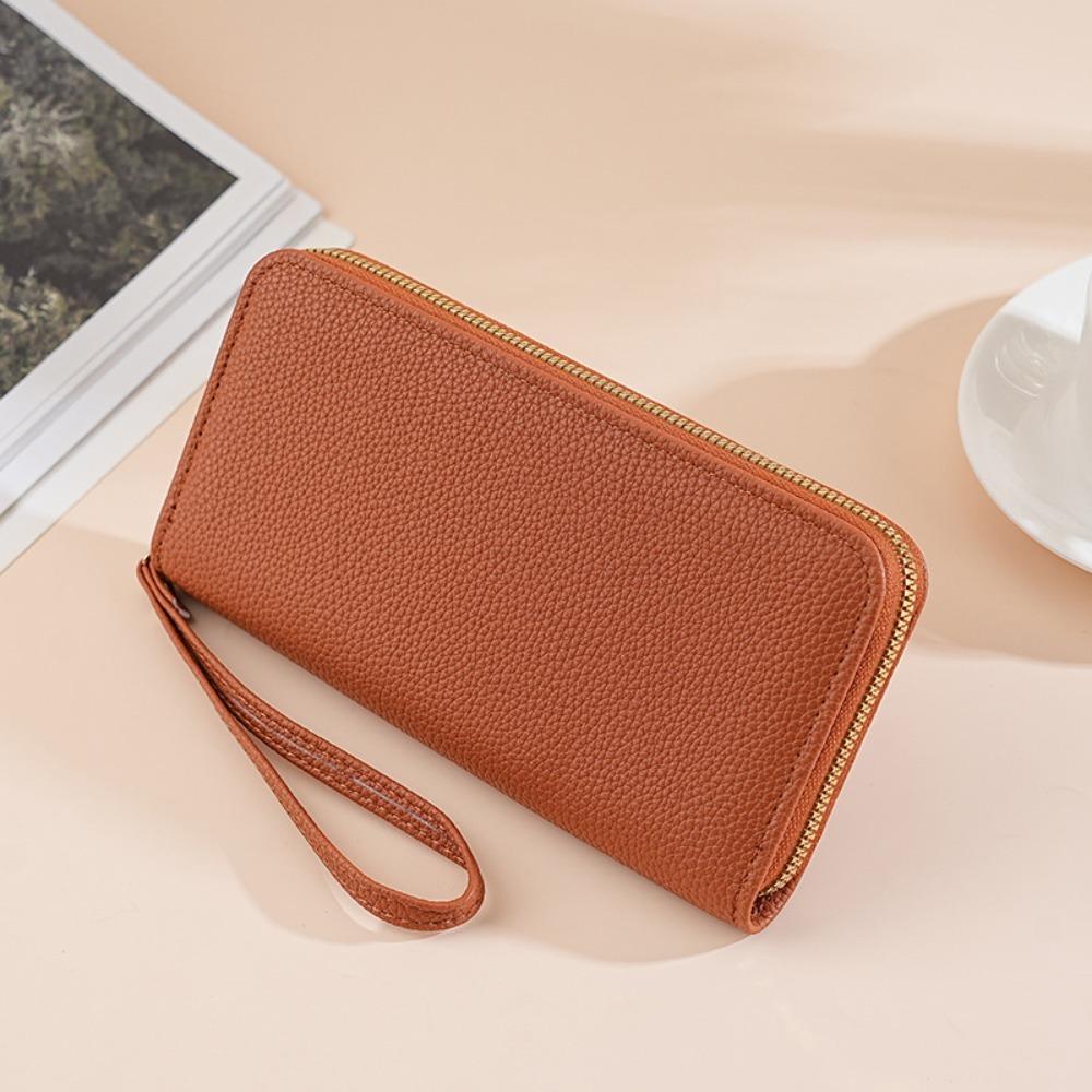 Luxury Leather Long Wallet With Wrist Strap Solid Color Multi Card Holder Large Capacity Phone Handbag Women