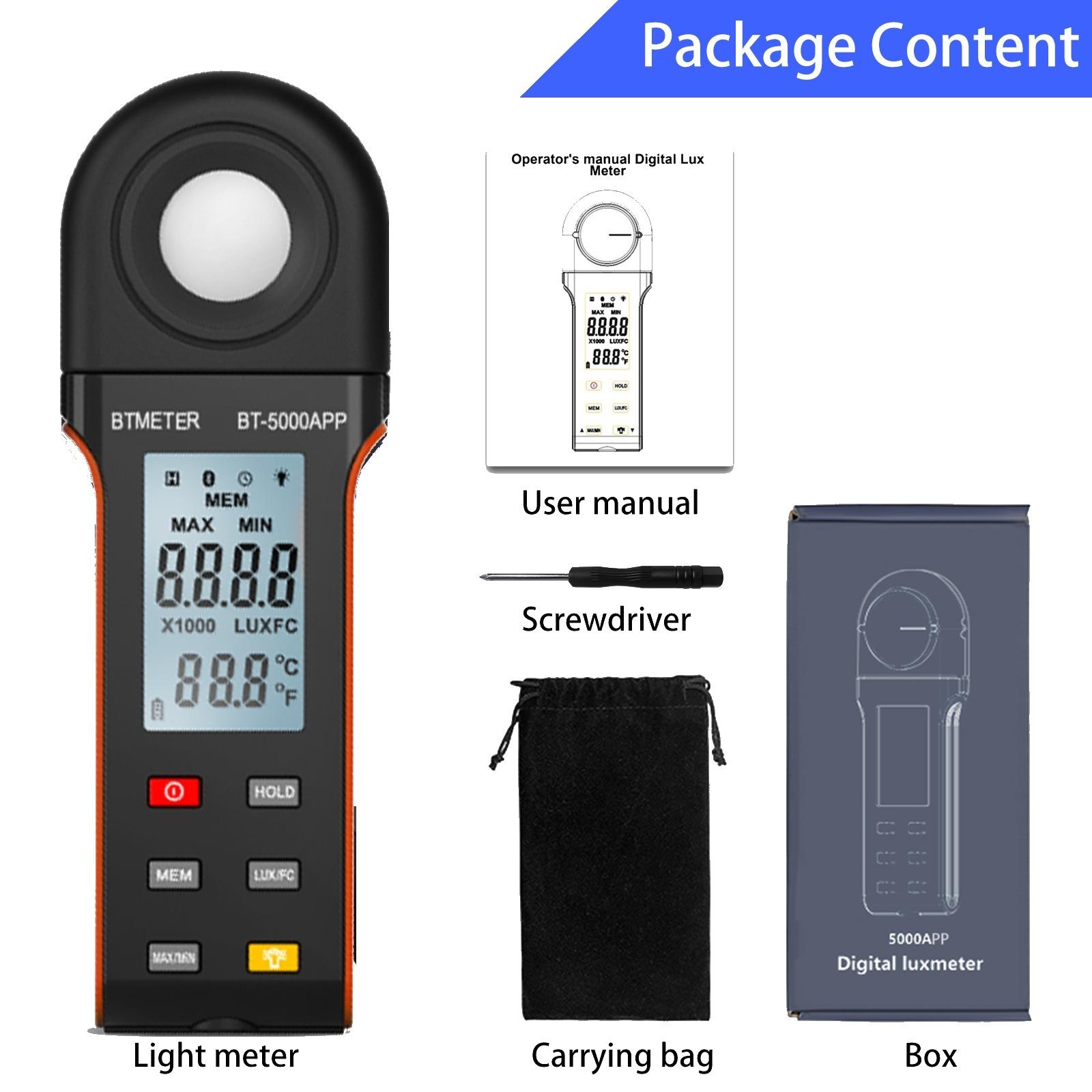 

Digital Lux Meter 1-400,000Lux connect to phone APP unilaterally at 90 degrees or 270 degrees Measure illumination LCD display помаранчевий