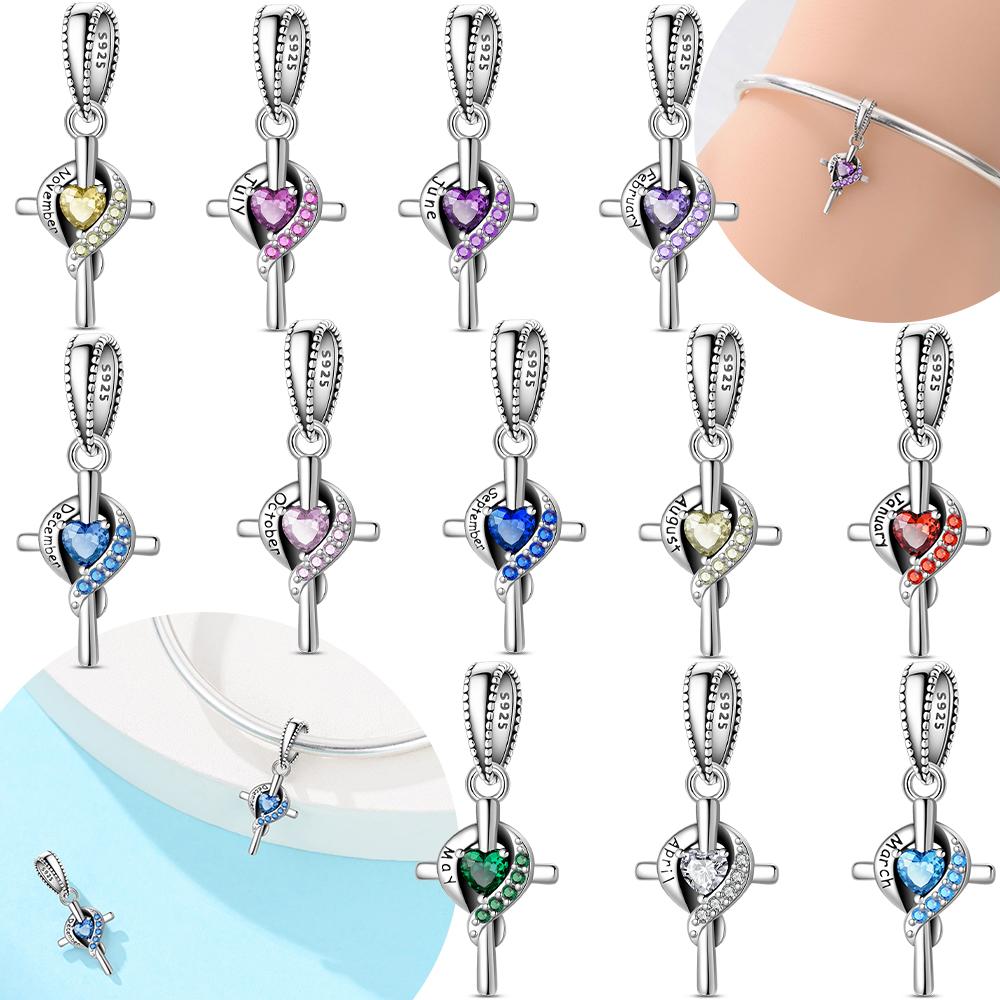 Original Red Zircon Birthstone Pendant Blue Gemstone Heart Cross Bead Fit Bracelet Copper Women Jewelry Accessory Charm Gift