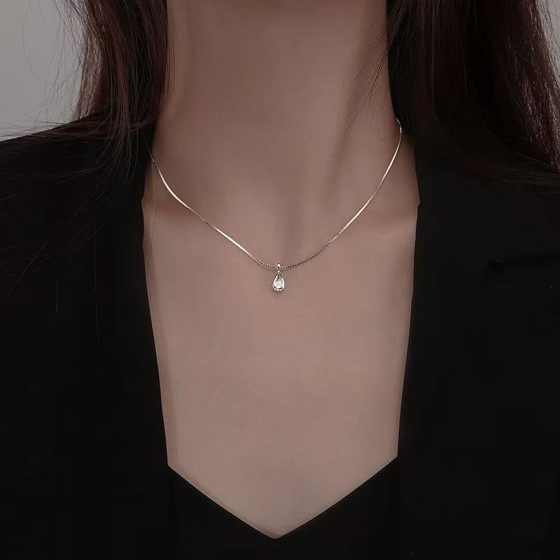 925 Silver Zircon Water Drop Necklace Geometric Collarbone Chain Minimalist Jewelry For Women