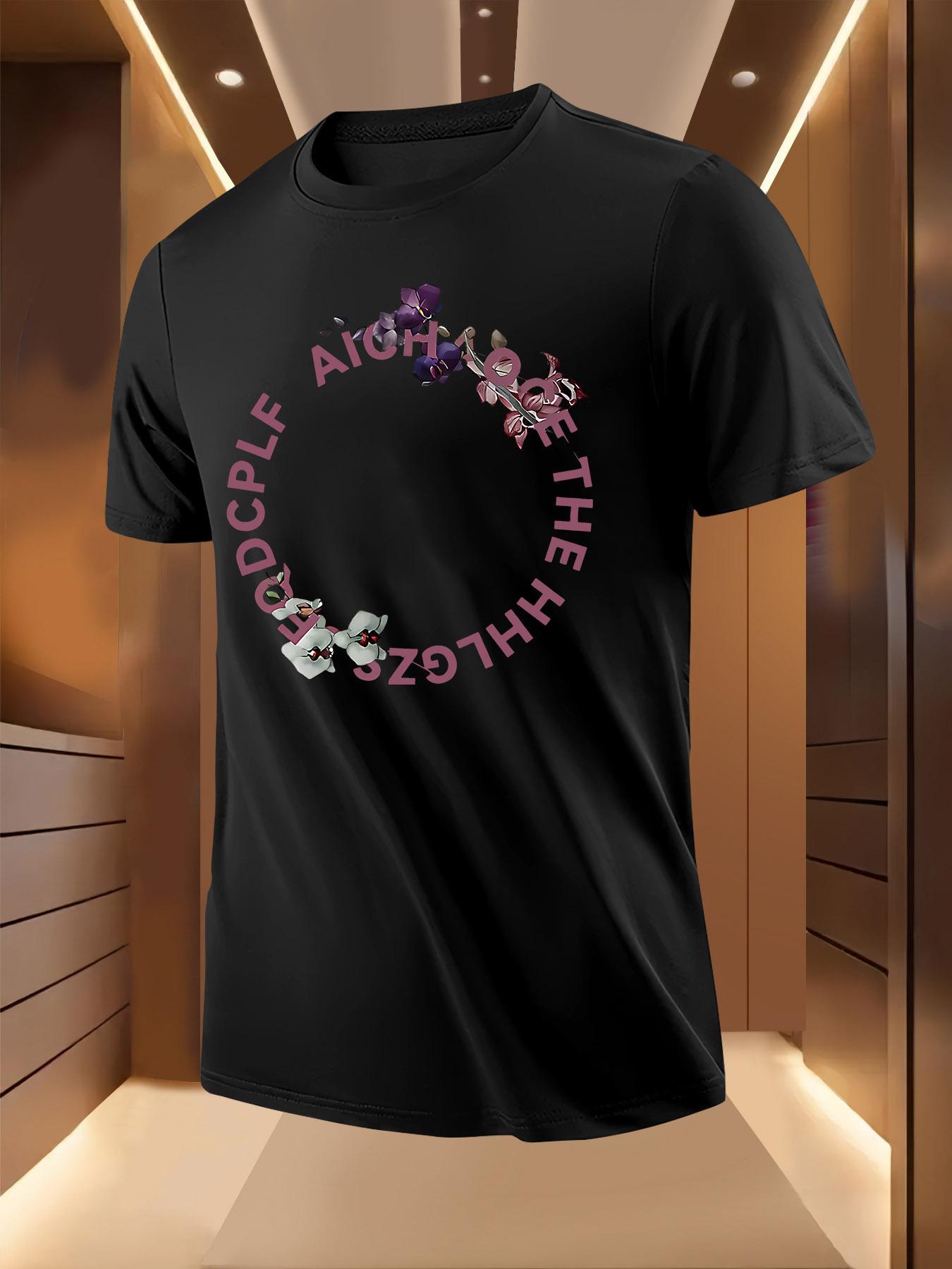 Floral Letter Print Tshirt - Lightweight Polyester XXXXL