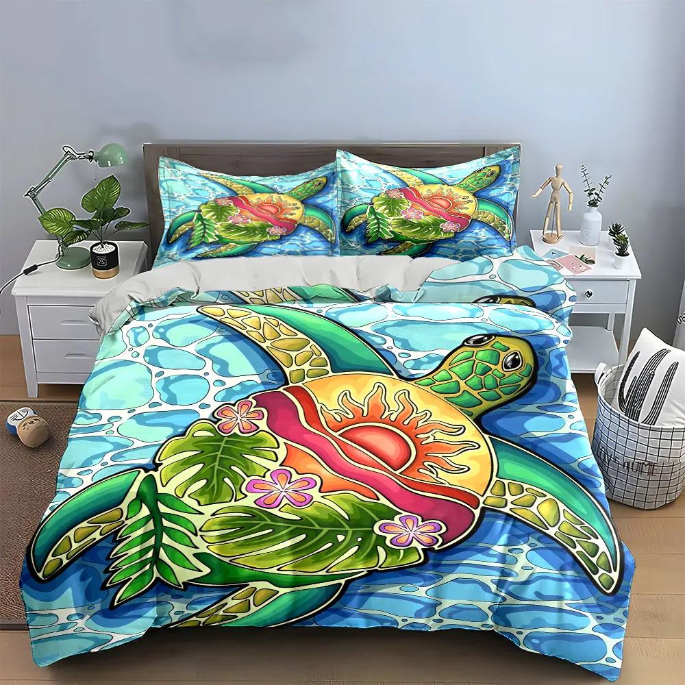 Colorful Turtle Beach Decor Set Bedding Set with 1 Duvet Cover 2 Pillowcases Single Double King Queen, Gift