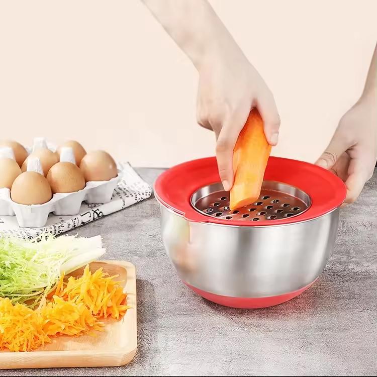 Classic Stainless Steel Salad Mixing Bowl Set Silicone Bottom Airtight Lids with Handle Slicer