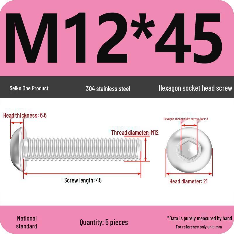 304 Stainless Steel Pan, Half, and Round Head Hexagon Screws (M2-M12)