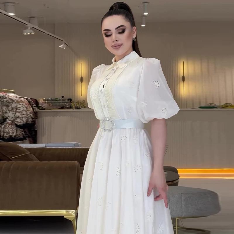 2024 Sommer Dame Ensfarget Puffermer Midjeknyttet Elegant Lang Kjole