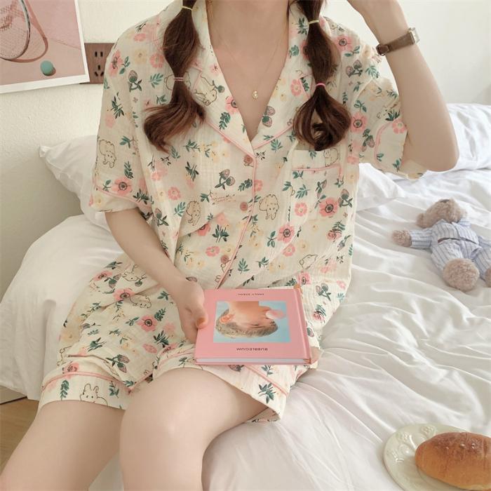 Women's Pajamas Summer Short Sleeve Sleepwear Set Cartoon Cute Rabbit Printed Pyjama Woman Ruffle Home Nightwear Set Cardigan