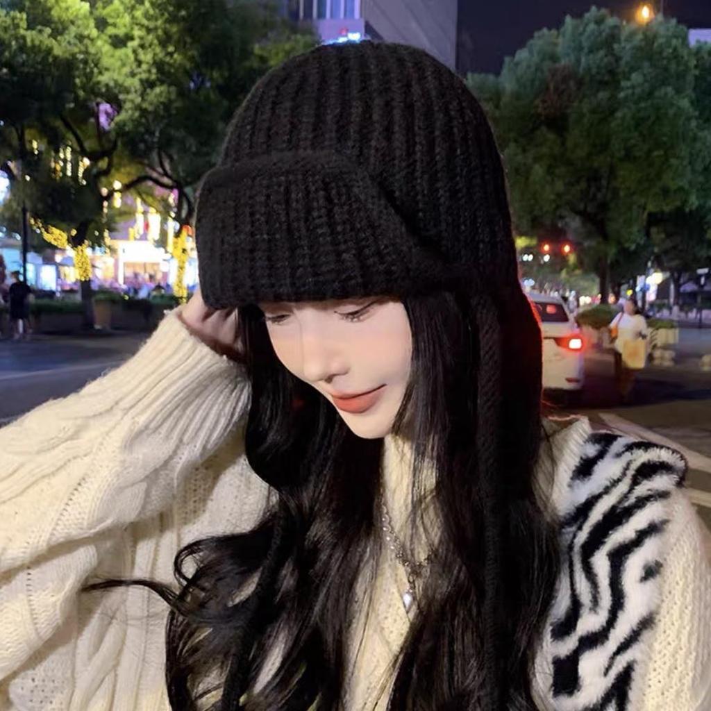 Cute pink ear protector knitted wool hat for girls, small face in winter, warm ear protector Lei Feng hat
