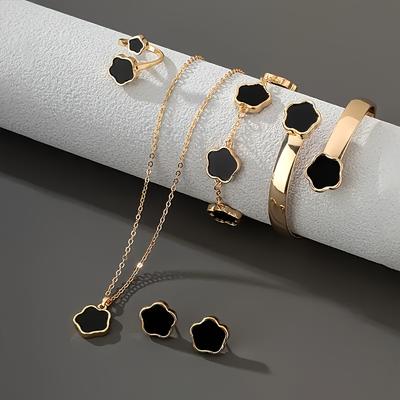 Luxury Acrylic Flower Jewelry Set for Women Elegant Five-Leaf Clover Necklace Earrings Bracelet Ring Shiny Alloy Dainty Party Accessories