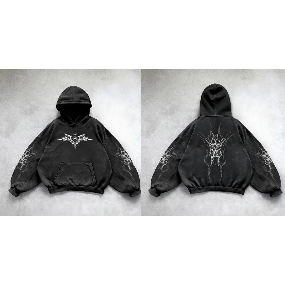 ZYLLO Retro Gothic Graphic Print Hip Hop Hoodie for Men Y2k Grunge Punk Casual Loose Pullover Women Streetwear Sweatshirt Hoodies