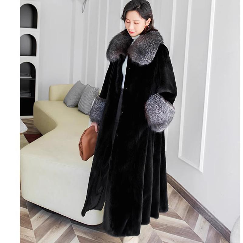 Women's Faux Fox Collar Long Velvet Mink Coat Women's Mink Fur Coat Casual Warmth