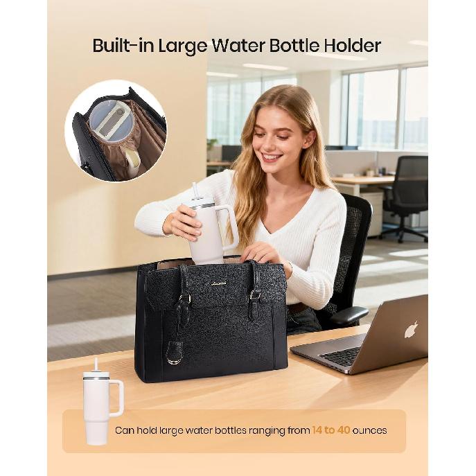 LOVEVOOK Laptop-Tragetasche für Damen, Computertasche mit großem Getränkehalter, 15,6 Zoll wasserdichte PU-Leder-Aktentasche für Lehrer