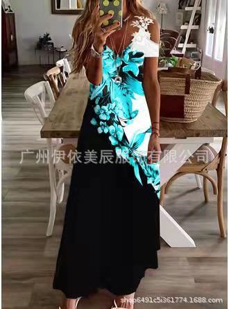 Women's summer new lace suspender v-neck fashion printed loose dress