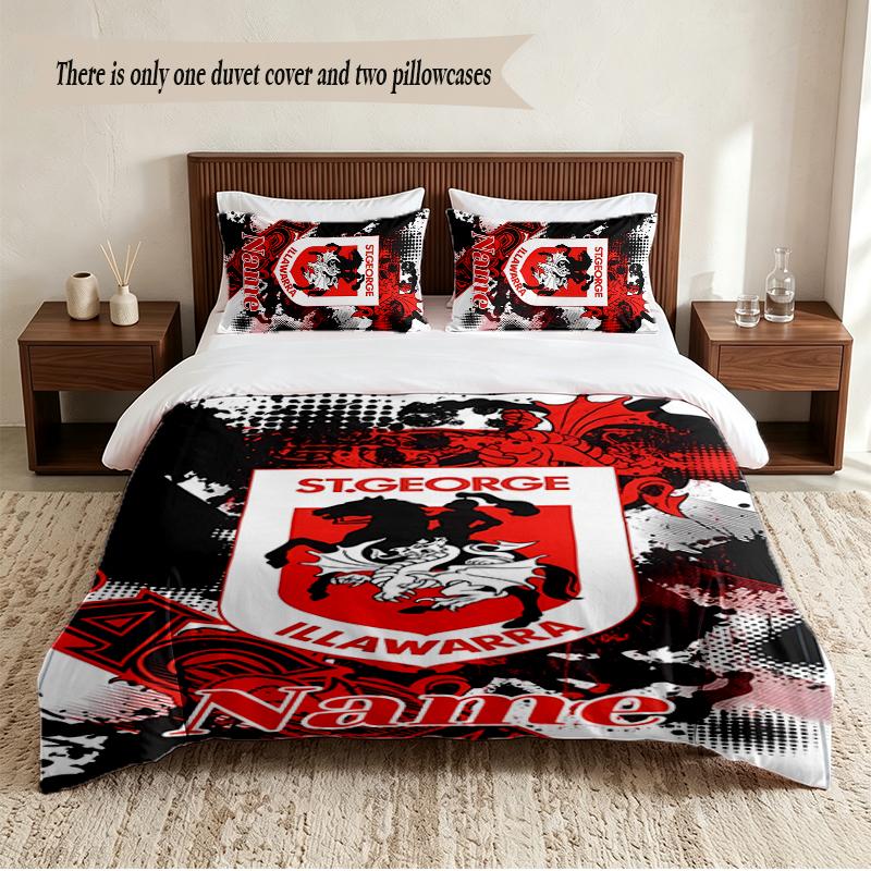 St George Illawarra Dragons Personalized Custom Name 3‑Piece Bedding Set Soft Duvet Cover Set For Bedroom Home Decor