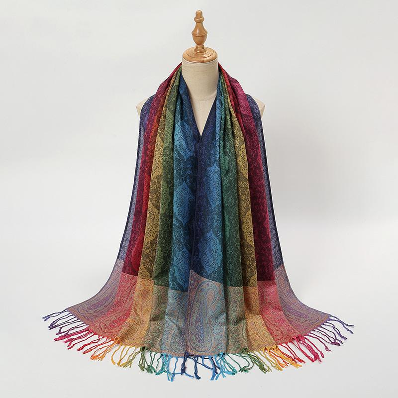 Ethnic Style Colorful Cashew Embroidered Long Scarf Rainbow Gradient Tassel Scarf Shawl Women's Headscarf
