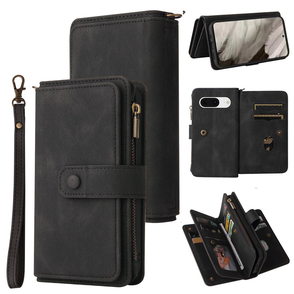 For Google Pixel 8 Zipper Wallet Case with 15 Card Slots and Strap Leather Phone Cover