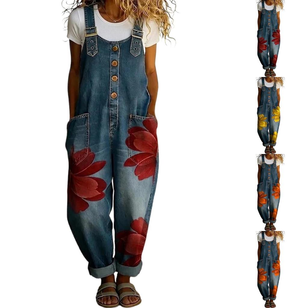 Women's Casual Denim Jumpsuit Floral Print Button Front Loose Fit Overalls with Adjustable Straps and Pockets for Everyday Wear