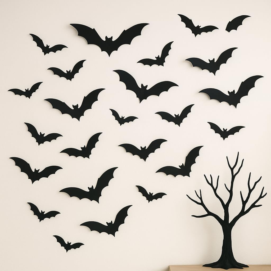 120 Pcs Halloween Bats Wall Decor - Realistic 3D Bats Halloween Wall Decorations - 4 Different Sizes Durable Bat Stickers for Room, Lawn, Window