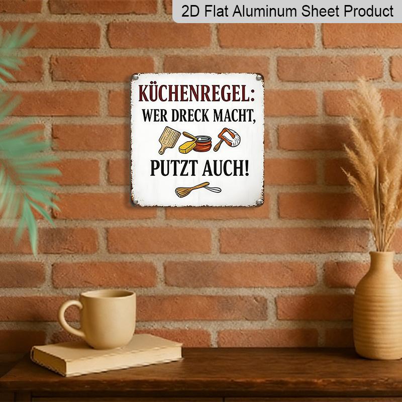2D Flat, 1pc German Kitchen Rules Metal Sign - Vintage German Text & English Translation Wall Plaque with Utensil Icons, Chef Gift for Home