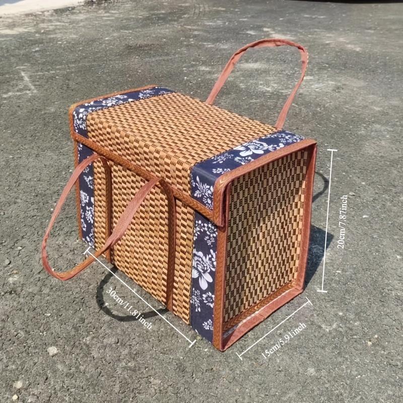 1pc Handcrafted Bamboo Picnic Basket With Handles, Rectangular Retro Style Foldable Bamboo Bag For Snacks & Fruits, Portable Woven Basket With Lid