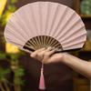 Solid Color Shell Fan Natural Fiber Fabric Foldable Breathable Handheld Retro Cooling Fan 6XDE