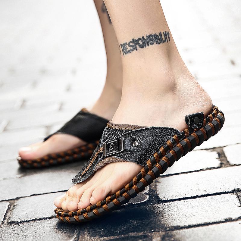 Fashion Genuine Leather Mens Slippers Summer Handmade Breathable Outdoor Beach Slipper High Quality Casual Leisure Slippers Flip-Flops