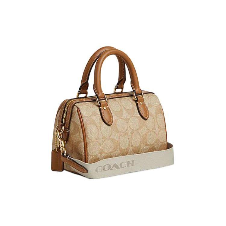 Coach Rowan 18 Signature Stripe Canvas And Leather Tote Shoulder Crossbody Bag Small Women Bags Light-Khaki Pink-White CR243-IMWQJ