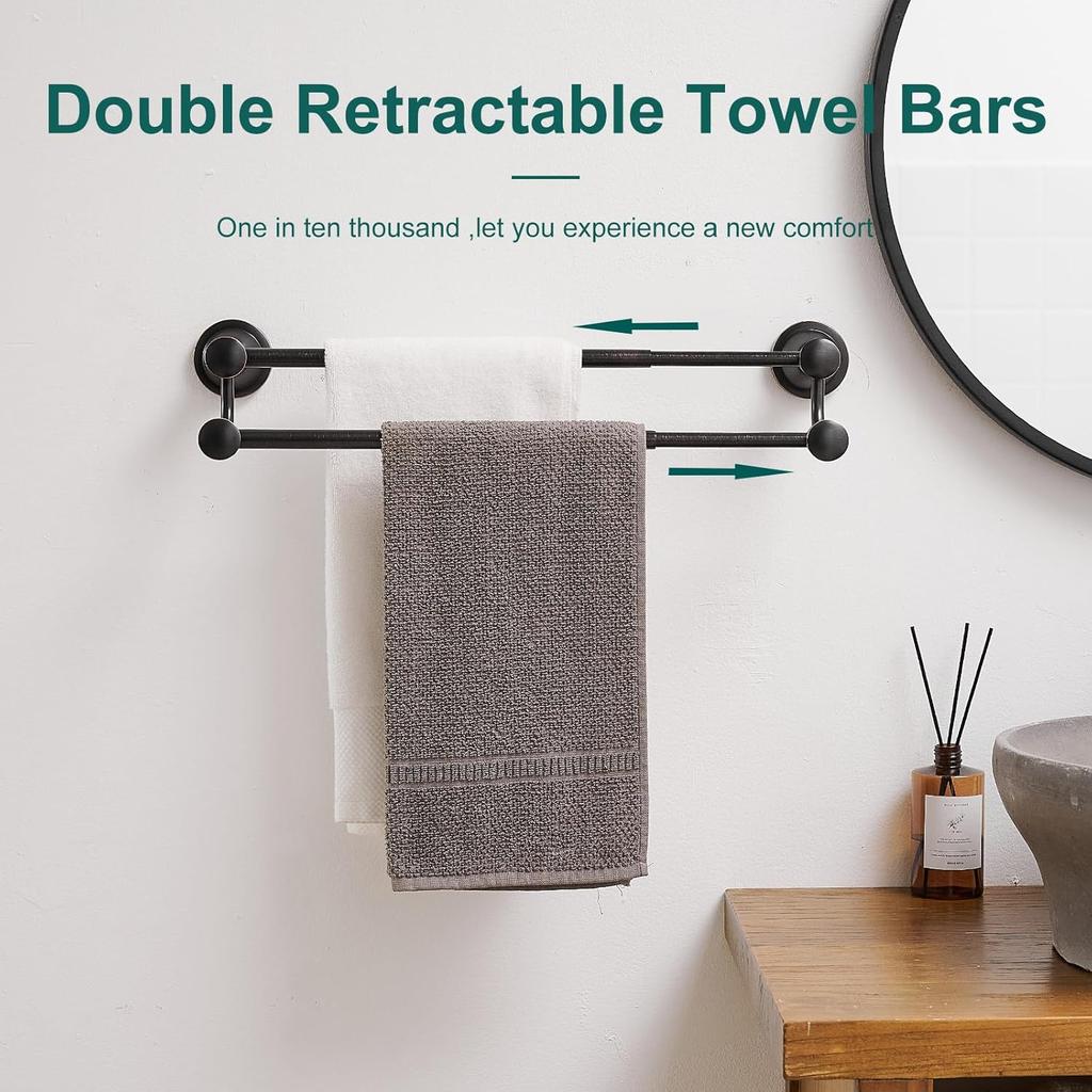 Hoimpro Adjustable Retractable 15-27 Inches Stainless Steel Bathroom Towel Bar, Bathroom Accessories Bath Hotel Double Towel Bar Rod Hanger Wall