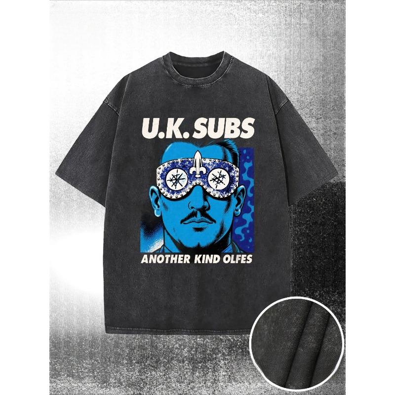 

European Size Washed, U.K. Subs Vintage Graphic Print, Featuring a Mustached Man in Jeweled Glasses, High-Quality Fabric, Bold White Uppercase Text S чёрный