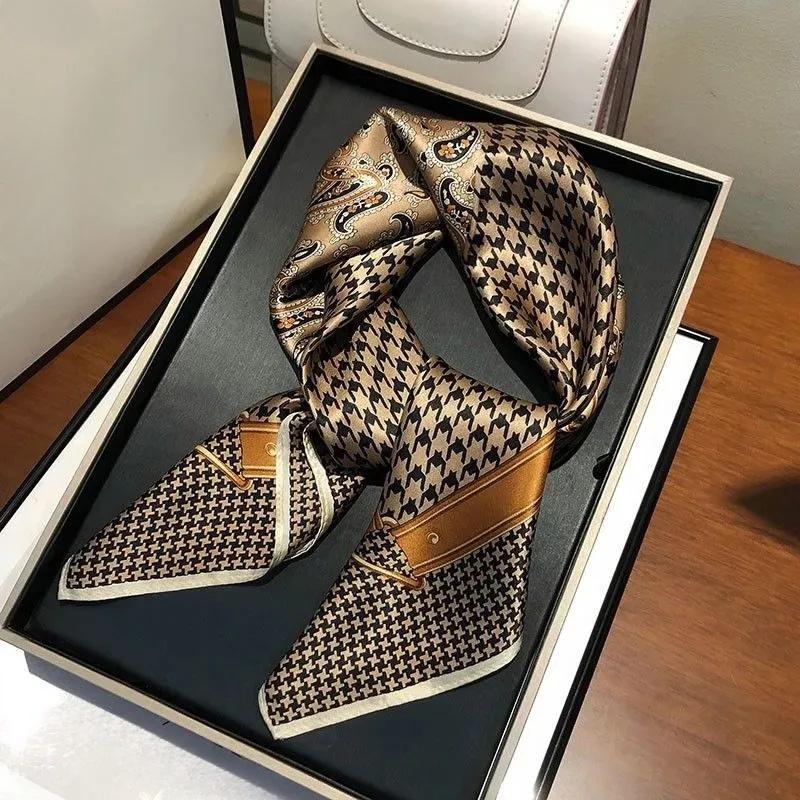 26.77" Paisley Houndstooth Printed Square Scarf Coffee Color Thin Smooth Neck Scarf Vintage Style Sunscreen Headscarf For Women