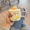 High Appearance Mug with Lid Spoon, Cute Ceramic Water Cup, Cartoon Small Coal Ball Couple Water Cup Gift, Breakfast Cup