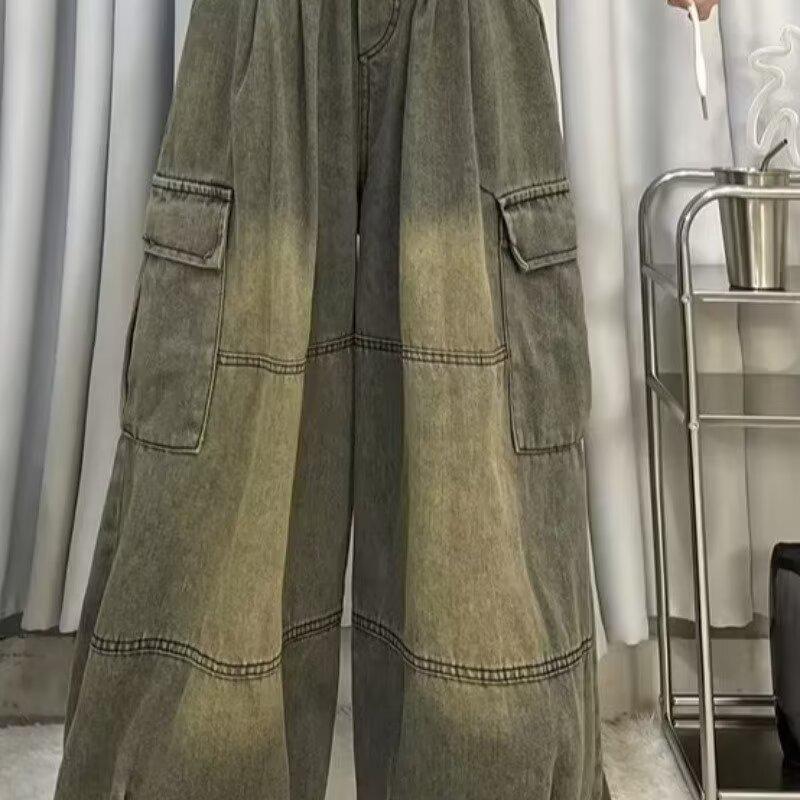 Teen Spring/Autumn Retro Loose Straight Multi-Pocket Workwear Jeans