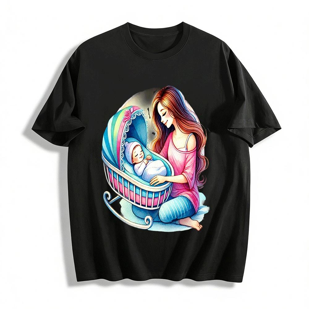 Mom And Sleeping Baby Print Casual Top Warm Parent-child Wear Pure cotton T-shirt XXS