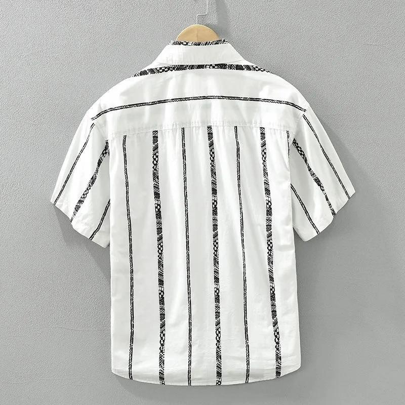 Men's Spring and Summer Fresh Striped Short Sleeved Shirt, Casual Artistic Loose Top