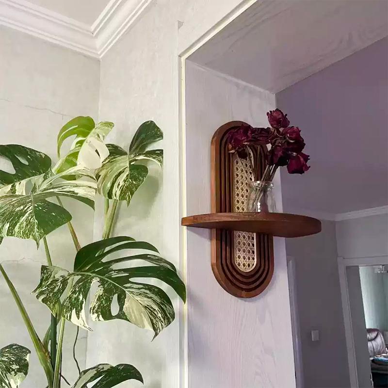 1PC Solid Sturdy Shelf Natural Wood Bohemian Wall Minimalist Rattan Weave Space-Saving Mounted Multi-Purpose