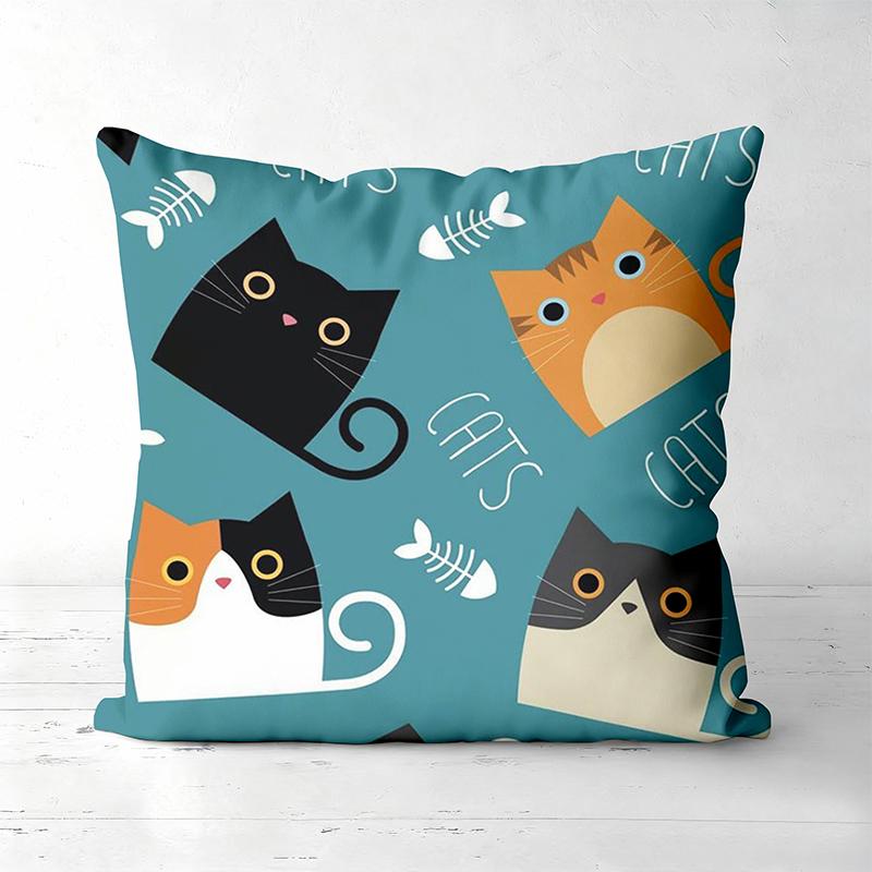 

1 Pieces Cute Cat Patterns With Fish Bones On Blue Pillow Polyester pillowcase, sofa decorative cushion cov Headboard Pillow 45x45cm