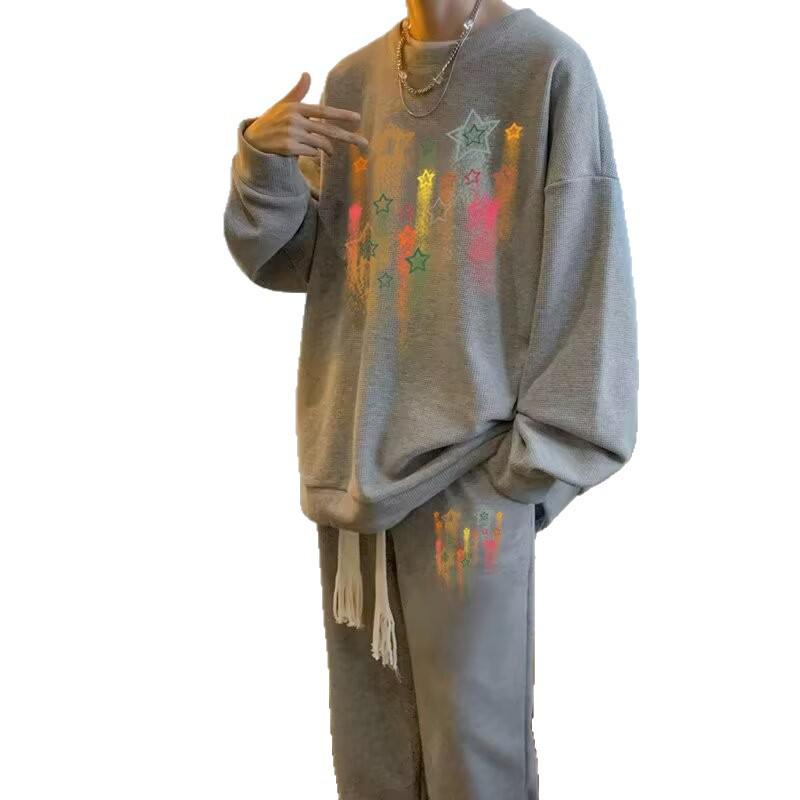 Harajuku Trendy Men's Sporty Casual Two-Piece Set: Creative Design Loose Hoodie & Pants