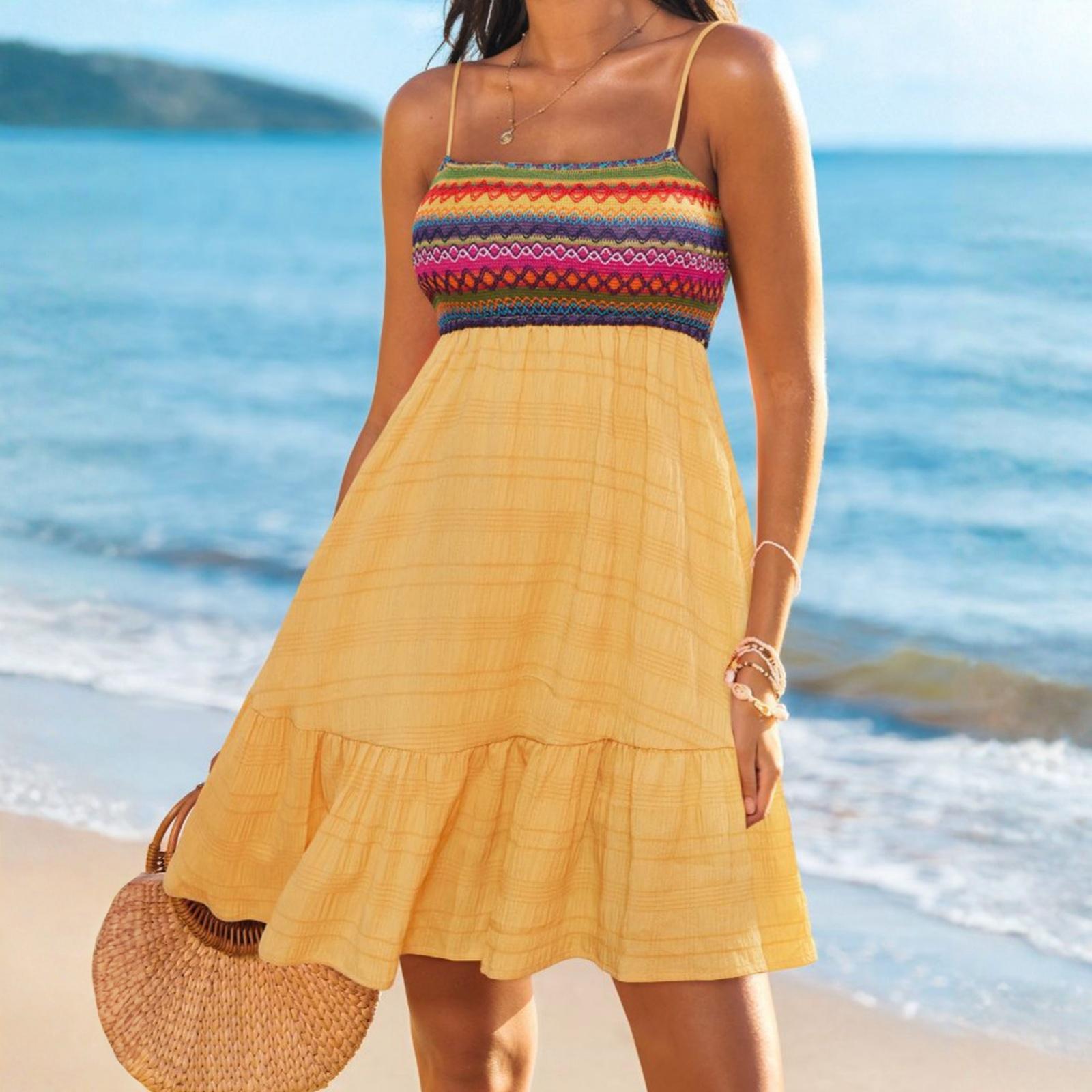 

Womens Summer Dresses Paisley Spaghetti Strap Sleeveless Smocked A Line Boho Dress With Pockets XL