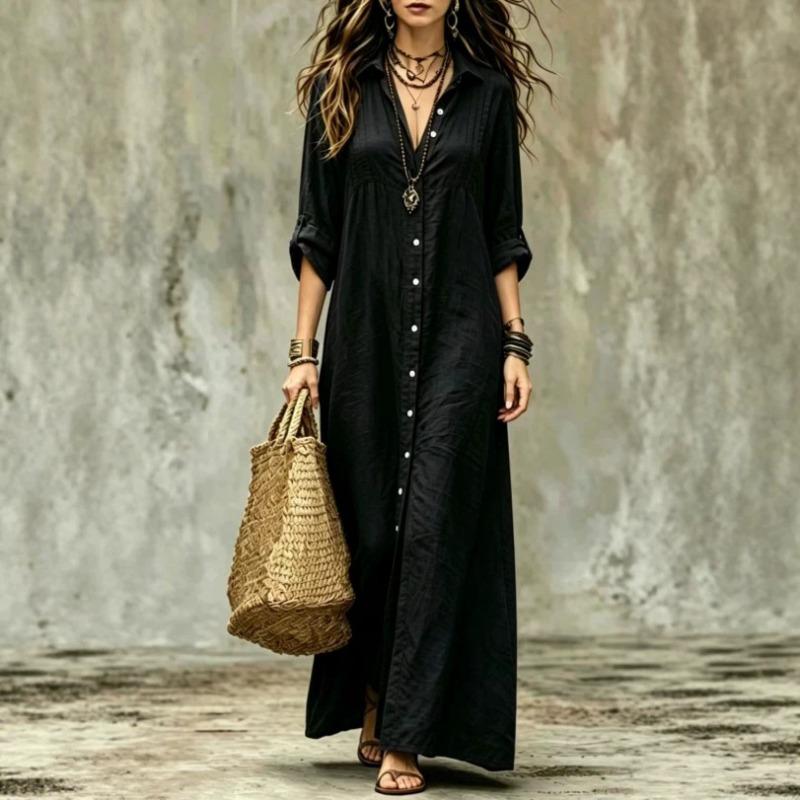 BITCED Fashion Spring Autumn Solid Color Print Long Sleeve V-Neck Casual Dresses