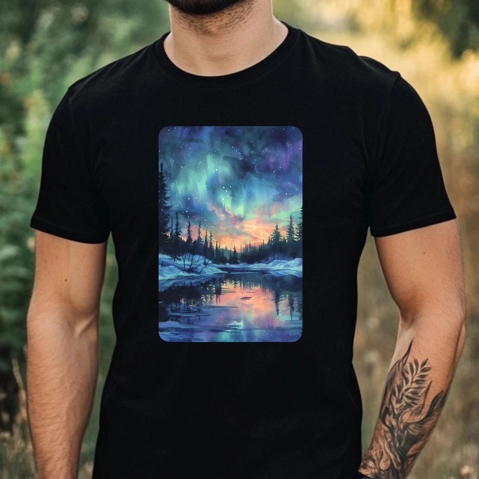 T-Shirt Herren Aquarell Nordlicht Motiv Baumwolle Größe XS bis 5XL XS