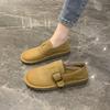 Fashion New Style Luxury Leather Women Shoes Spring Retro Round Head Plain Casual Flat Rubber Bottom Belt Buckle Women's Single Shoes