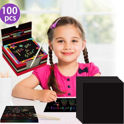100pcs Rainbow Scratch Mini Notes Paper Pad Cards With 2 Stylus 2 Drawing Stencil Children Kids Draw Painting Toys Craft Gift