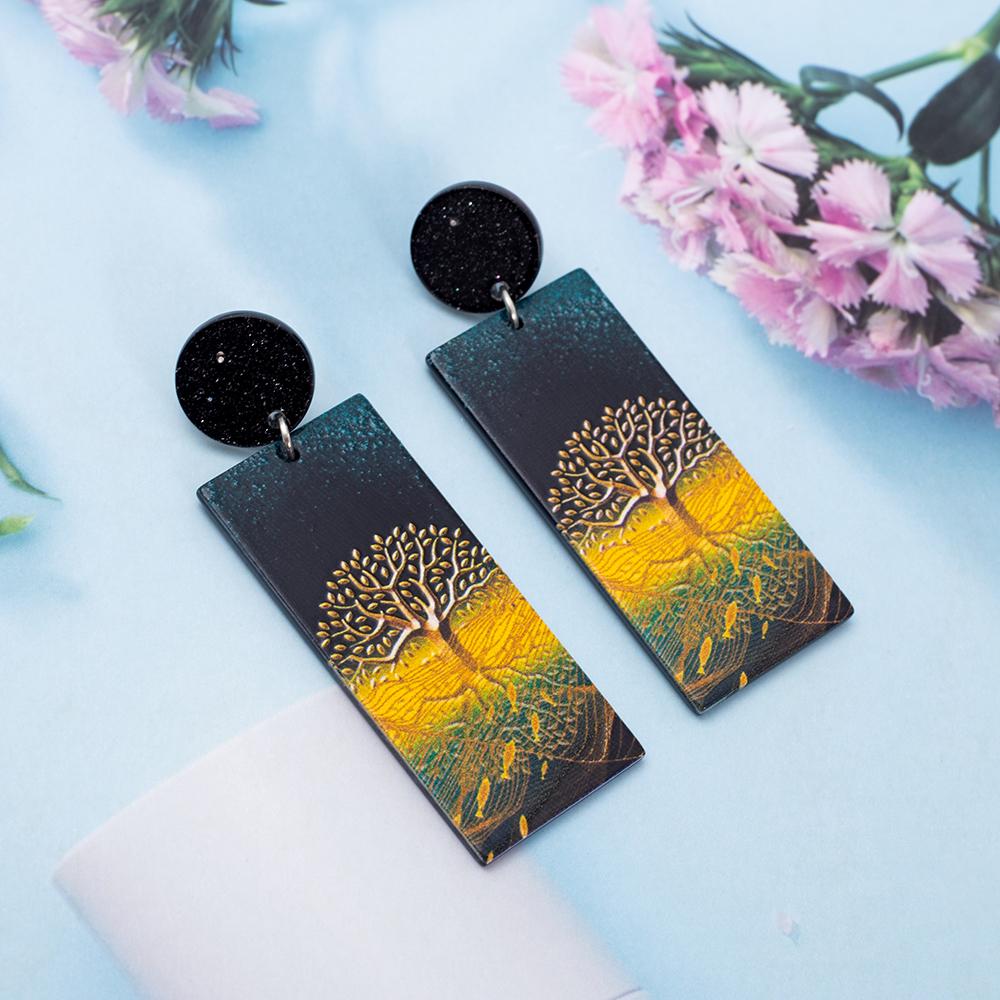 Gold Color Tree Of Life Design Relievo Printing Acrylic Earrings For Women Vintage Style Trend Lithe Daily Wearing Jewelry
