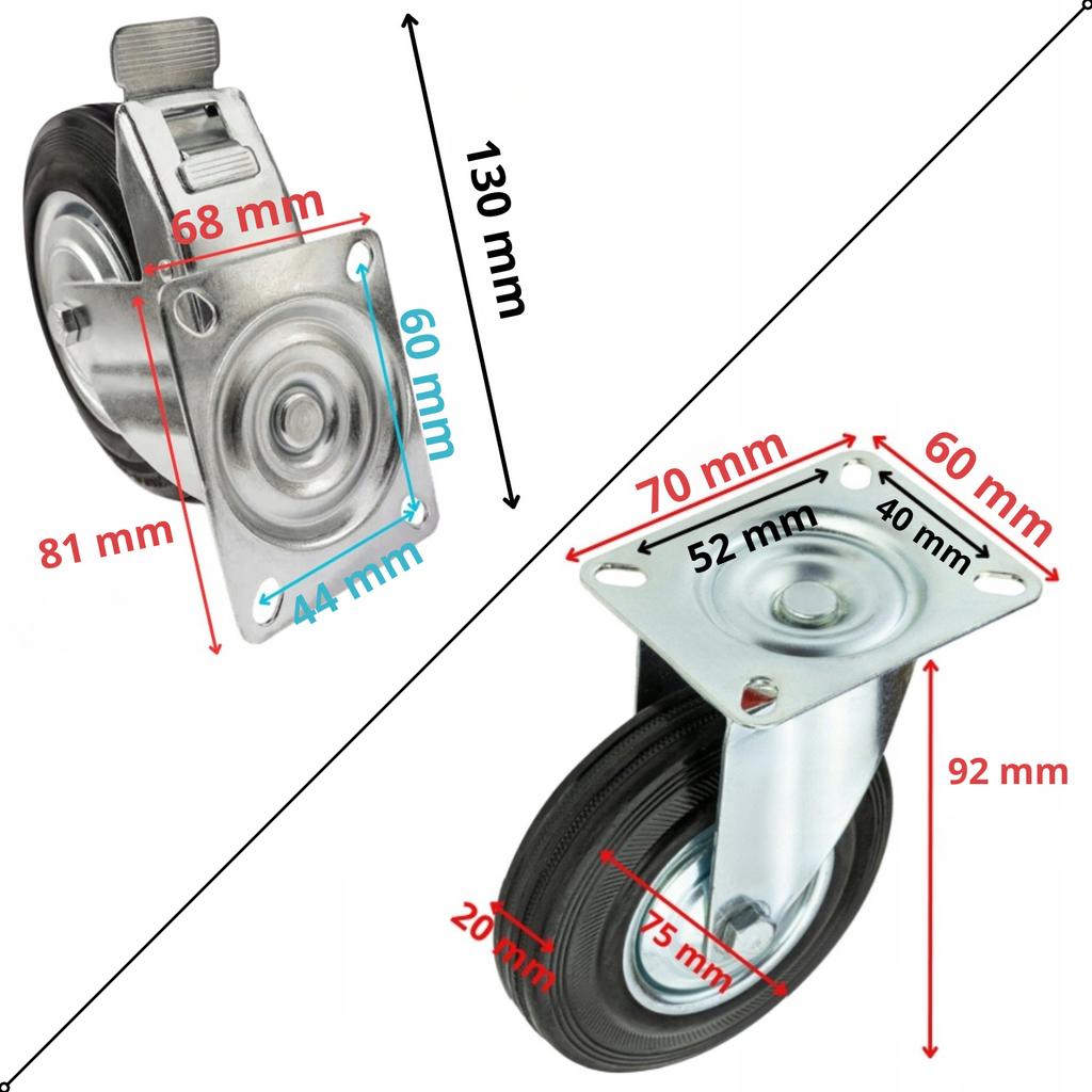 Swivel casters 75mm metal rubber wheels set of 4 for trolleys with brake
