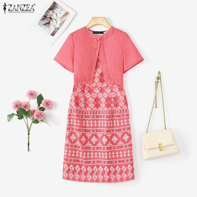 ZANZEA Women Casual Round Neck Short Sleeve Print Patchwork Dress