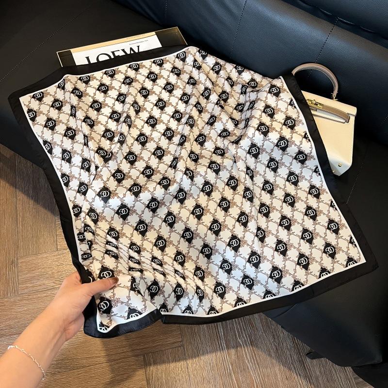 Silk scarf women's spring and autumn decoration versatile ins simple style striped square scarf streamer simulation silk fashion scarf scarf scarf
