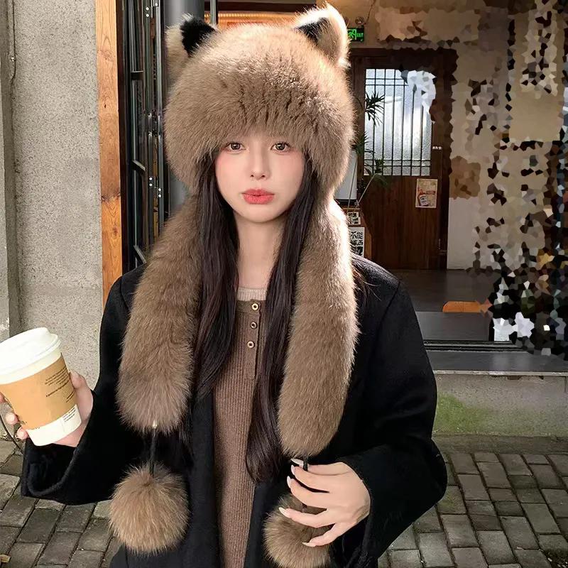 WTEMPO Solid Color Cute Ear Hats Plush Faux Fox Fur Ear Protector Scarf Hats Thick Winter Warm Soft Versatile Casual Hats