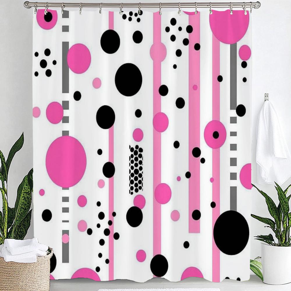 

Modern Pink Romantic Striped Polka Dot Pattern Shower Curtain, Bathroom Curtain,Stylish Design Printed Home Decorative Curtain W60H190(CM)-1 Pcs